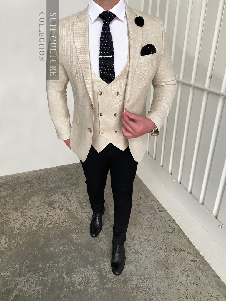 Beige Tuxedo Black Pants Classyby Slim Fit 2022 Beige Men's Prom