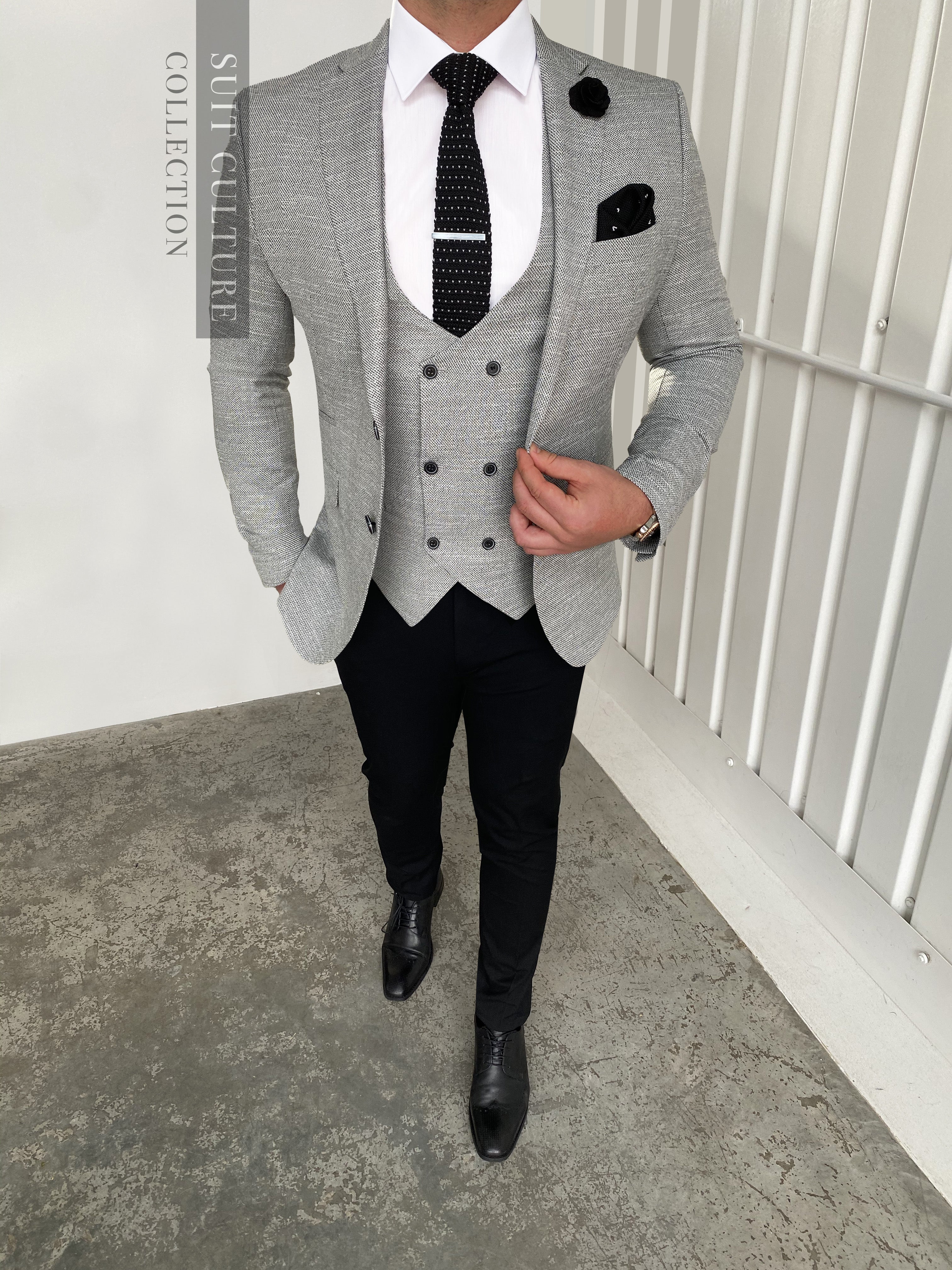 Grey Blazer White Shirt Black Tie EDWIN Silver Grey Blazer